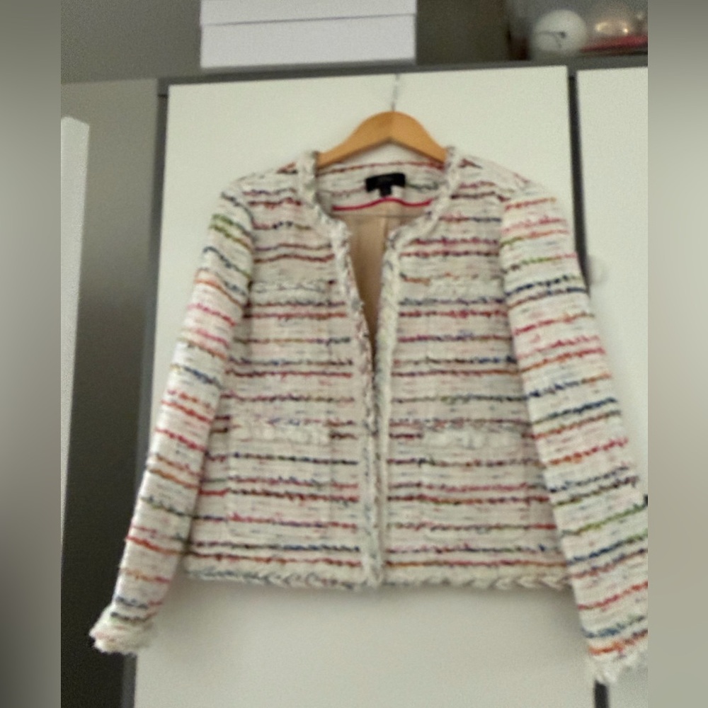 J. Crew White Tweed Multicolor-Striped Collarless Jacket
